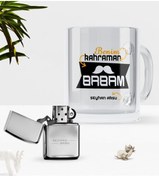 Resim Bk Gift Kişiye Özel Benim Kahraman Babam Cam Kupa Bardak Benzinli Metal Çakmak Seti 