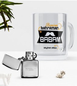 Resim Bk Gift Kişiye Özel Benim Kahraman Babam Cam Kupa Bardak Benzinli Metal Çakmak Seti 