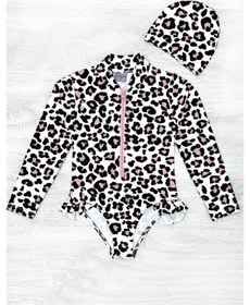 Resim My Kids Wear Fırfır Detaylı Leopar Desen Boneli Kız Çocuk Mayo Kırmızı - Beyaz 
