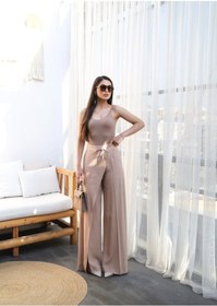 Resim Ge Ticaret Keten Önü Çapraz Parçali Lasti Kli Ve Bağcikli Geni Ş Paça Pantolon Pudra 