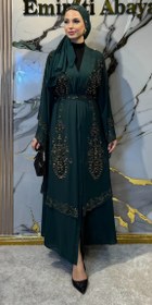 Resim Çift Katlı Altın Taşlı Yeşil Şifon Takım Şal ve Kemer Dahil | LY14 GS GREEN - 2XL / Yeşil 