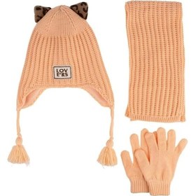Resim Kitti Çocuk Kız Atkı Bere Eldiven Takım 4-8 Yaş K24170-02 Şeftali Şeftali 