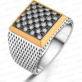 Resim Takılingo Siyah Beyaz Zirkon Taşlı Damalı Bayrak Motifli Satranç Tahtası Gümüş Erkek Yüzük 