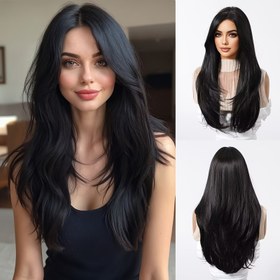 Resim Kadınlar için Şık Uzun Düz Siyah Peruk %150 Yoğunluk Karışık Uzun Elyaf Gül Fileli Bone, Her Durum İçin Çok Yönlü Moda Peruk 