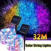 Resim 300 LED Ekstra Parlak Güneş Enerjili Dize Işıklar, Su Geçirmez Dış Mekan Noel Işıkları ile 8 Aydınlatma Modu, 32.0 metre Uzunluk, Tatil Süslemeleri için Güneş Enerjisiyle Çalışan, Yılbaşı Ağacı ve Şükran Günü Gösterileri, Güneş Enerjili Noel Işıkları 