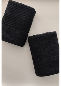 Resim %100 Pamuk El Havlusu 2'li - Modern Çizgili Tasarım - Yumuşak Dokulu Sıyah Siyah 