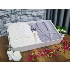 Resim Çeyizlik Aile Bornoz Seti 4 Parça Krem Gri Gri 