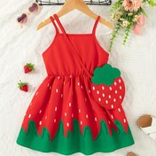 Resim HWMFSNHZ Kızlar için Yazlık Çilek Baskılı Kolsuz Elbise ve Eşleşen Çanta - Kırmızı & Yeşil Diz Boyu Polyester Elbise, İnce Spagetti Askıları, Tasarım, Günlük Geziler İçin Mükemmel, Gençlerin Rahat Giyimi | Eğlenceli Genç Modası | Fırfır Kenarlı, Çilekli Elbise 