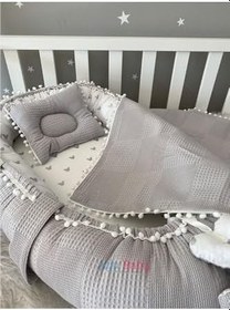 Resim Nest Gri Wafle Pike Kumaş Micky Tasarım Ponponlu 3'lü Jaju-babynest Set 