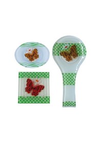 Resim Cam Gider Kapağı + Cam Kepçe Altlığı Kaşıklık + Cam Sabunluk 3Lü Set 