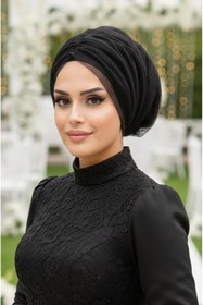 Resim Aişe tesettür Siyah Tül Büzgülü Dolama Bone 