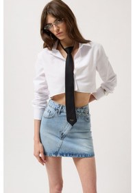 Resim Asimetrik Kemer Denim Mini Etek Mavi 