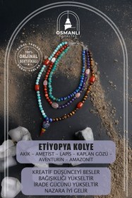 Resim OSMANLI DOĞAL TAŞ Etiyopya Akik Ametist Lapis Kaplangözü Aventurin Amazonit Doğal Taş Kolye 