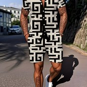 Resim Özet Labirent Ekose Baskı Erkek Gevşek Açık Hava Sporları Rahat Tatil Plaj Küba Yaka Gömlek Şort Takımı Ev Boş Zamanlık Takım 