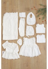 Resim Sitilin Kız Bebek Natıral Pamuk Kumaş Fistolu Dantelli Lüks 10 Lu Hastane Çıkışı Set Stl6800 Beyaz 