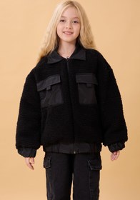 Resim Kız Çocuk Gömlek Yaka Cepli Peluş Kışlık Mont - Siyah / 8-9 Yaş 