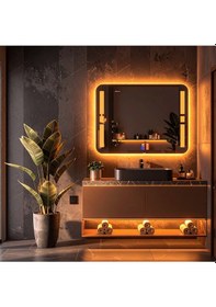 Resim Selyn Amber Led'li Lazer Kumlamalı Lavabo & Banyo Aynası Dokunmatik Sensörlü 100 X 75 Cm Turuncu 