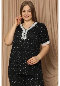 Resim Pijamoni Kadın Viskon Büyük Beden Kısa Kol V Yaka İnce Pijama Takımı 7530/2 - 1 Adet 001 
