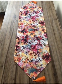 Resim Keten Efektli Soyut Çiçekler Desenli Runner Çok Renkli 