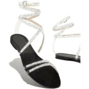 Resim Yaz Strappy Rhinestone Sandalet Ayak Bileği Kayışı Rhinestone Glitter Düz Ayakkabı Plaj Ayakkabısı Siyah 