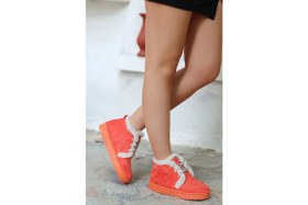 Resim Mida Shoes Simya Turuncu Süet Bağıcıklı Kürklü Kadın Bot 