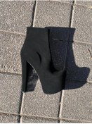 Resim Afilli Kadın Siyah Süet Platform Kalın Yüksek Topuklu 20 cm Bootie Yarım Çizme Şık Yarım Postal Bot 