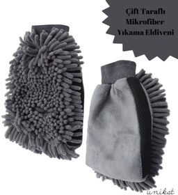 Resim UNIKAT Çift Taraflı Mikrofiber Yıkama Eldiveni - Makarna ve Sünger Yüzeyli Gri 1 Adet 
