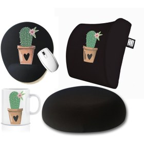 Resim AVANTAJLI 4'LÜ OFİS SETİ: Visco Bel Destek Yastığı & Oturma Minderi & Mousepad & Kupa - Cactus Siyah - EVET 