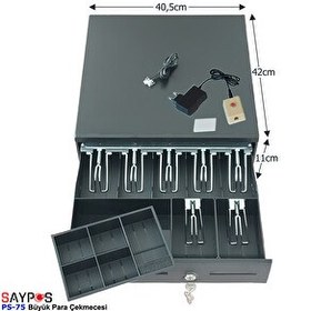 Resim Saypos PS75 Para Çekmecesi 7 Banknot Gözlü Açma Buton ve Adaptörlü Anahtardan Açılır 40.5x42x11 CM 