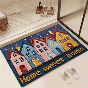 Resim 1 Adet Renkli Ev Tasarımlı Kaymaz Makinede Yıkanabilir Kapı Paspası - Giriş, Banyo, Mutfak, Çamaşır Odası için Süet Arka Yüzeyli Yumuşak Flanel Dikdörtgen Paspas - Canlı Ev Dekoru İç Mekan Hoş Geldiniz Matı, Yıkanabilir Alan Paspası 