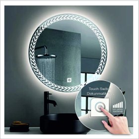 Resim Dnr-Mirror60 Cm Beyaz Ledli Tasarım Kumlamalı Dokunmatik Tuşlu Banyo Aynası Makyaj Aynası Işıklı Ayna 