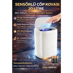 Resim Mutlu Müşteri Akıllı Sensörlü Uv Işıklı 20 Litre Çöp Kovası - Mutfak, Banyo, Işyeri ve Ofis Kullanımı 