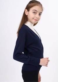 Resim Toontoy Lacivert Kız Çocuk V Yaka Düğmeli Düşük Omuz Korse Kesim Örme Okul Hırkası - 2 İplik Kaşkorse 