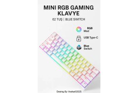 Resim vooka Mini Rgb Gaming Mekanik Klavye 62 Tuş Red Switch USB Type-C Kablolu Kompakt Oyuncu Klavyesi Rgb Işıklı Gaming Klavye Laptop Pc Uyumlu Mini Mekanik Klavye Beyaz Gaming Keyboard 