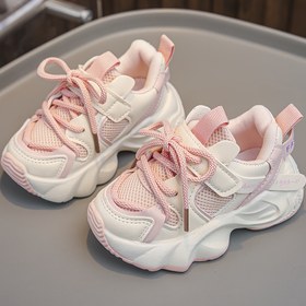 Resim Kız Çocukları İçin Sevimli File Sneakerlar - Pembe ve Beyaz Düşük Topuklu Bağcıklı Rahat Ayakkabılar, EVA Taban, Kumaş Astar ve Üst, Günlük Giyim İçin, Rahat Ayakkabılar | Şık Rahat Ayakkabılar | Dayanıklı Taban Sneaker 