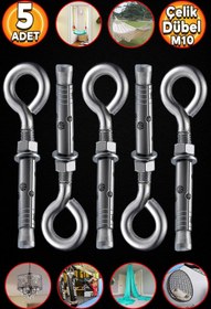 Resim Badem10 Kapalı Ağız 5 Adet Salıncak Boks Torbası Avize Tavan Asma Aparatı Asacağı Kancalı Çelik Dübel M10 
