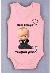 Resim Bebetospik %100 Pamuk 9 Ay İçeride Yattım Baskılı Zıbın & Body Pembe 