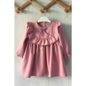 Resim Bertuğ Bebek Fırfır ve Kurdele Detaylı Tasarım Krep Pudra Pembe Kız Çocuk Bebek Elbise 