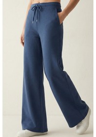 Resim Elemge Pamuklu Kadın Eşofman Altı Yüksek Bel İndigo Mavi Dar Kalıp Flare Fit Geniş Paça Cepli Esnek Likralı 