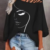 Resim Moda Bol Kesim Asimetrik Yaka Rahat Baskılı T-Shirt 