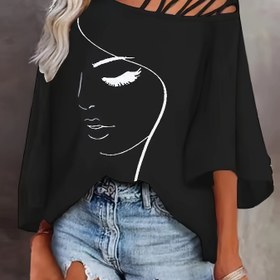 Resim Moda Bol Kesim Asimetrik Yaka Rahat Baskılı T-Shirt 