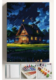 Resim Sayılarla Boyama Seti Numaralı Tuval Fırça Boya Dahil Kasnaklı Set 40x50 Cm - Gece Yıldızlı Ev 