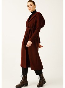Resim Esswaap Geniş Kapişonlu Önden Bağlamalı Şanel Boy Kaban Bordo-bordo Bordo 