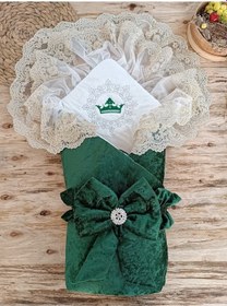 Resim Dantelli Taçlı Bebek Kundağı Unisex Bebek Dış Kundak Battaniyesi Hastane Çıkışı Mevlütlük Kundak Yeşil 