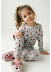 Resim Breeze Kız Çocuk Pijama Takımı Kalp Desenli 4-8 Yaş, Açık Gri Melanj Açık Gri Melanj 