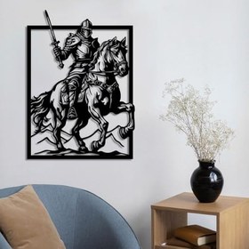 Resim ROMIA Ortaçağ Şövalyesi Duvar Sanatı, Metal At Binici Tasarımı, Siyah Çerçeve, Modern Ev Dekoru (28"X20"/70X50CM) 