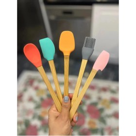 Resim Nemere 5'li Renkli Ahşap Saplı Silikon Uçlu Spatula Fırçalı Kaşık Seti -Yemek Hazırlık Seti 2 