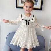 Resim Kız Çocuklar için Preppy Stil Polyester Dantel Elbise - Uzun Kollu Lapel Yaka Midi Şemsiye Etek ile Puf Kollu ve Flared Etekli İlkbahar/Sonbahar için - 12 Yaş Altı Çocuklar için %100 Polyester Kompozisyonlu Esnek Olmayan Kumaş ile Rastgele Baskı Tasarım 