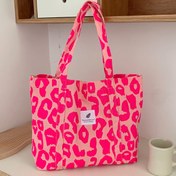 Resim 1 adet Kadınlar için Şık Pembe Leopar Desenli Tote Çanta, Sabit Kayışlı Rahat Kumaş Omuz Çantası, Manyetik Kapatma, Büyük Kapasiteli Alışveriş Çantası - Kenar Boyasız 