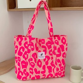 Resim 1 adet Kadınlar için Şık Pembe Leopar Desenli Tote Çanta, Sabit Kayışlı Rahat Kumaş Omuz Çantası, Manyetik Kapatma, Büyük Kapasiteli Alışveriş Çantası - Kenar Boyasız 